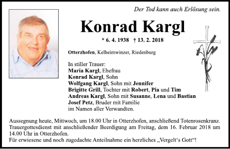  Traueranzeige für Konrad Kargl vom 14.02.2018 aus Mittelbayerische Zeitung Kelheim