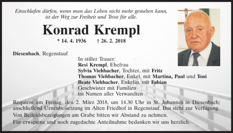  Traueranzeige für Konrad Krempl vom 28.02.2018 aus Mittelbayerische Zeitung Regensburg