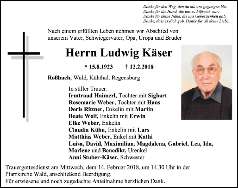  Traueranzeige für Ludwig Käser vom 14.02.2018 aus Mittelbayerische Zeitung Regensburg