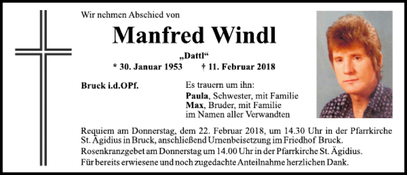  Traueranzeige für Manfred Windl vom 17.02.2018 aus Mittelbayerische Zeitung Schwandorf