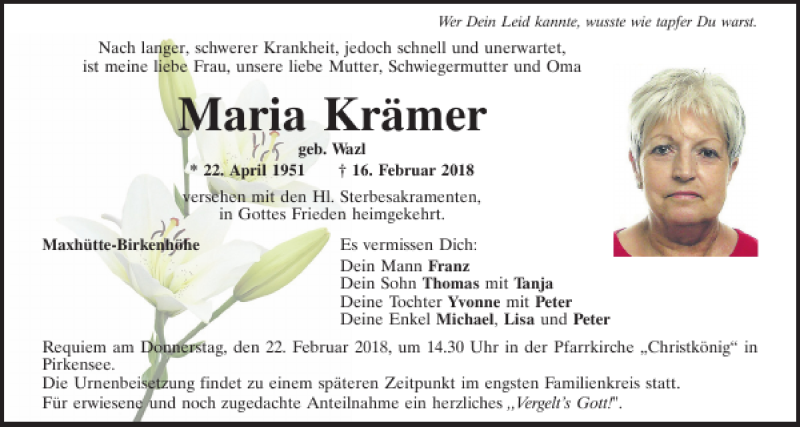  Traueranzeige für Maria Krämer vom 20.02.2018 aus Mittelbayerische Zeitung Schwandorf