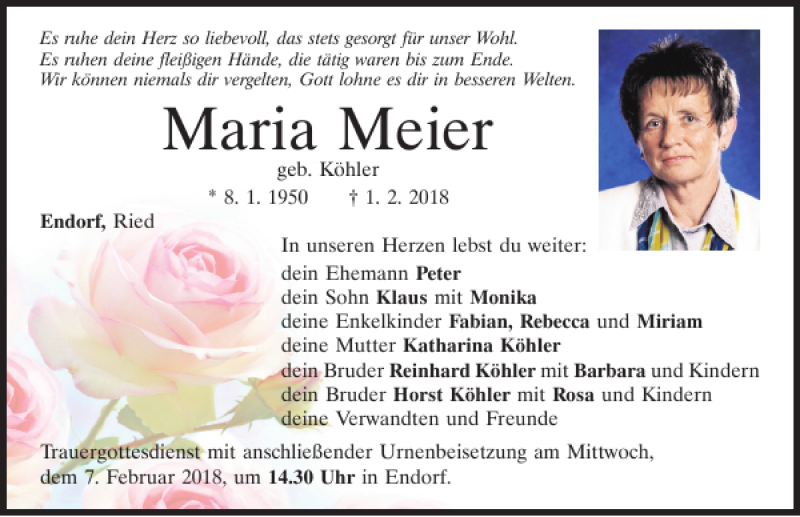  Traueranzeige für Maria Meier vom 03.02.2018 aus Mittelbayerische Zeitung Regensburg