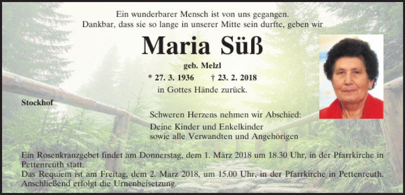  Traueranzeige für Maria Süß vom 26.02.2018 aus Mittelbayerische Zeitung Regensburg