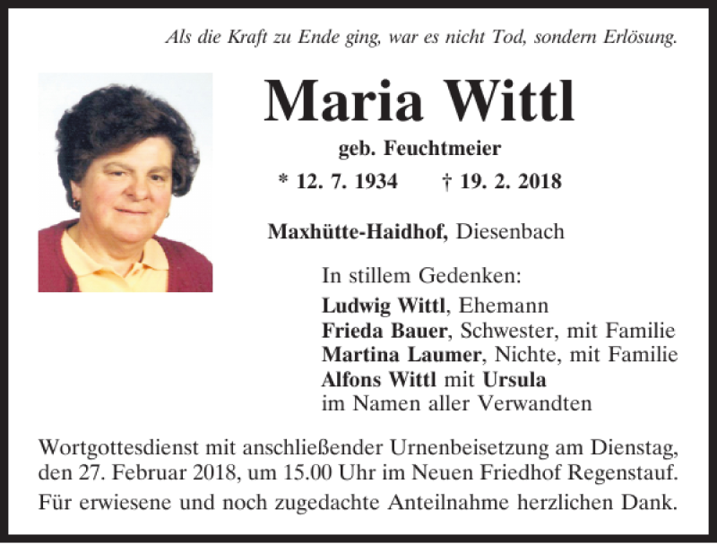  Traueranzeige für Maria Wittl vom 24.02.2018 aus Mittelbayerische Zeitung Regensburg