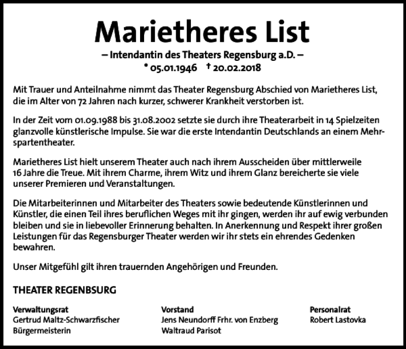  Traueranzeige für Marietheres List vom 24.02.2018 aus Mittelbayerische Zeitung Regensburg