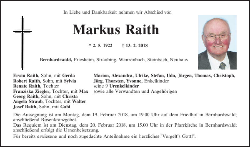  Traueranzeige für Markus Raith vom 17.02.2018 aus Mittelbayerische Zeitung Regensburg