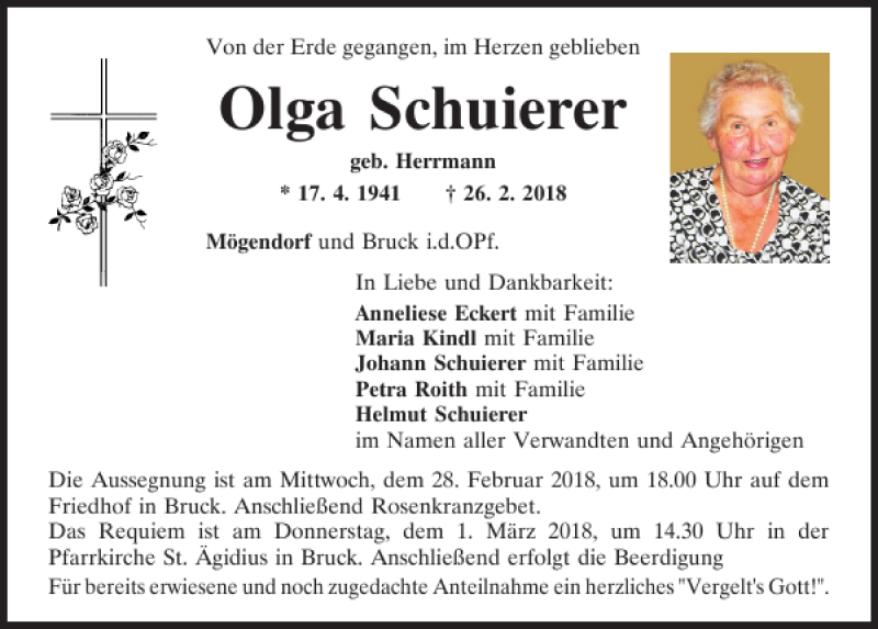  Traueranzeige für Olga Schuierer vom 27.02.2018 aus Mittelbayerische Zeitung Regensburg