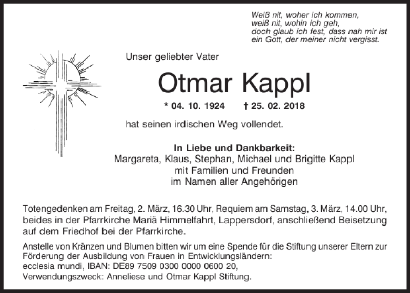  Traueranzeige für Otmar Kappl vom 28.02.2018 aus Mittelbayerische Zeitung Regensburg