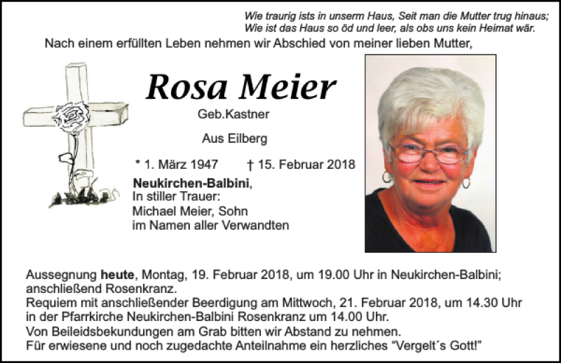  Traueranzeige für Rosa Meier vom 19.02.2018 aus Bayerwald Echo