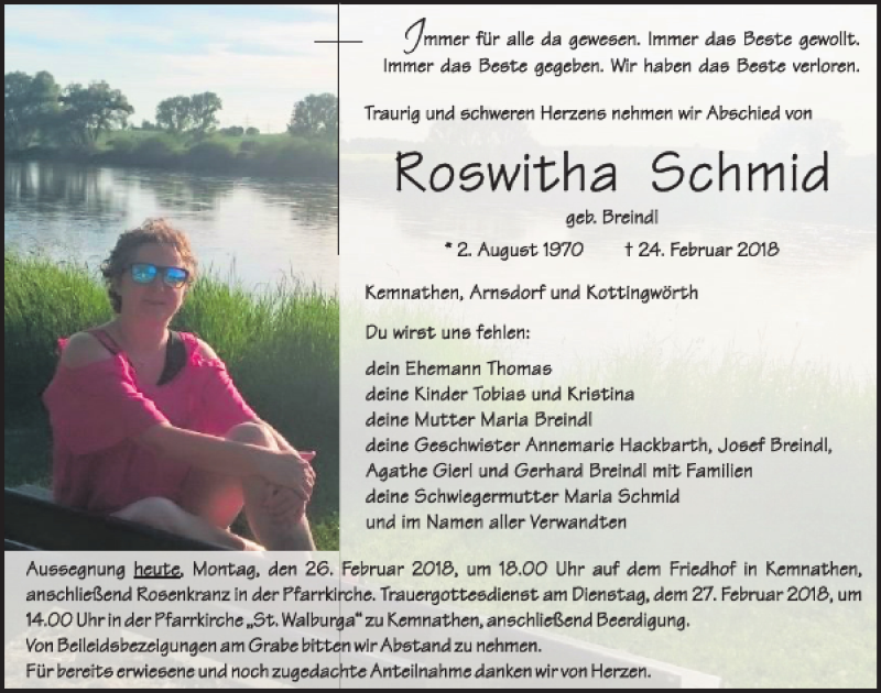  Traueranzeige für Roswitha Schmid vom 26.02.2018 aus Neumarkter Tagblatt