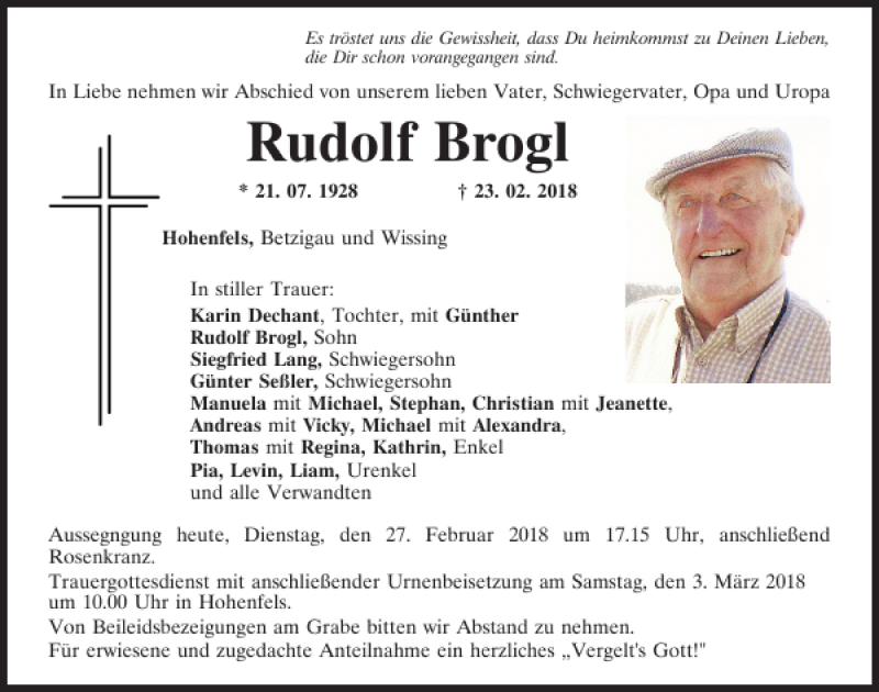  Traueranzeige für Rudolf Brogl vom 27.02.2018 aus Neumarkter Tagblatt