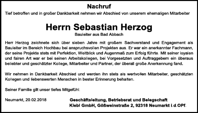  Traueranzeige für Sebastian Herzog vom 20.02.2018 aus Neumarkter Tagblatt