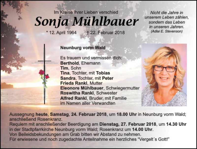  Traueranzeige für Sonja Mühlbauer vom 24.02.2018 aus Mittelbayerische Zeitung Schwandorf