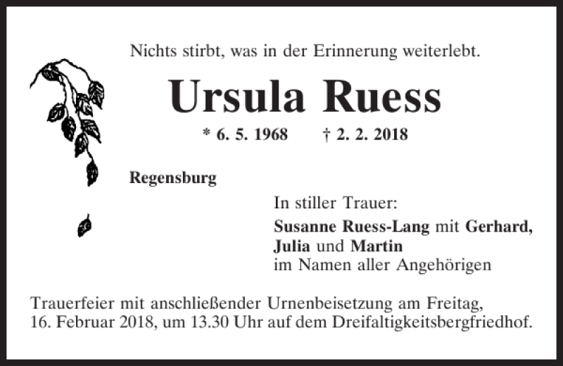  Traueranzeige für Ursula Ruess vom 10.02.2018 aus Mittelbayerische Zeitung Regensburg