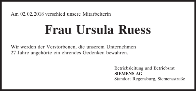  Traueranzeige für Ursula Ruess vom 10.02.2018 aus Mittelbayerische Zeitung Regensburg