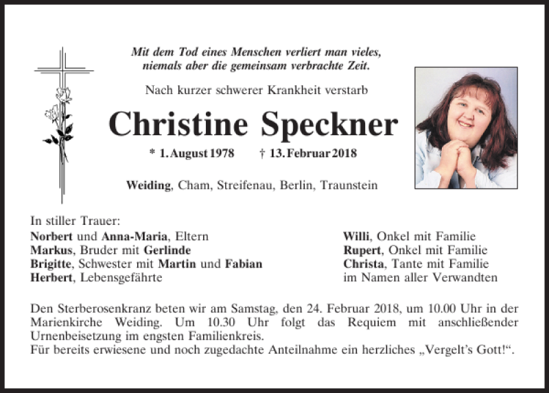  Traueranzeige für Weiding Christine Speckner vom 21.02.2018 aus Bayerwald Echo