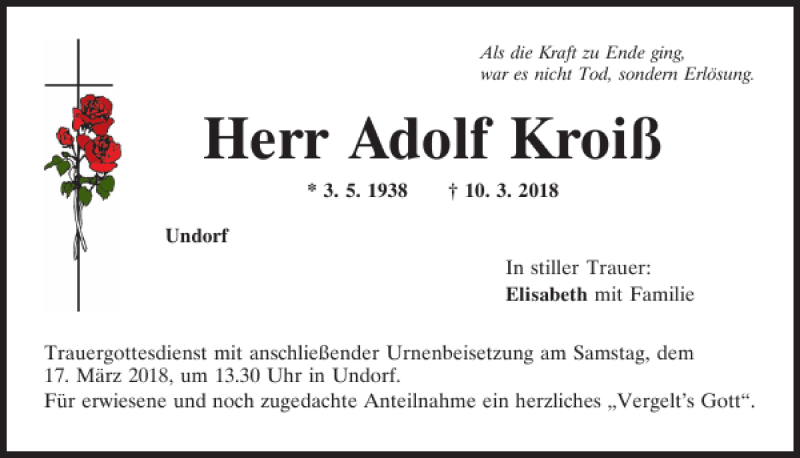  Traueranzeige für Adolf Kroiß vom 14.03.2018 aus Mittelbayerische Zeitung Regensburg