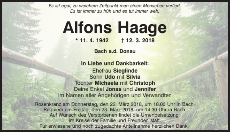  Traueranzeige für Alfons Haage vom 19.03.2018 aus Mittelbayerische Zeitung Regensburg