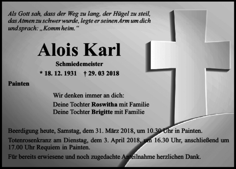  Traueranzeige für Alois Karl vom 31.03.2018 aus Mittelbayerische Zeitung Kelheim