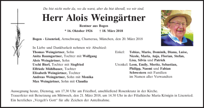  Traueranzeige für Alois Weingärtner vom 20.03.2018 aus Bayerwald Echo