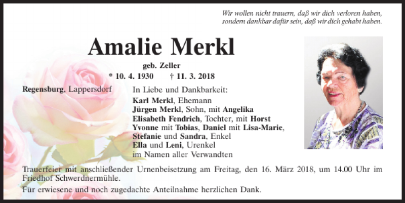  Traueranzeige für Amalie Merkl vom 14.03.2018 aus Mittelbayerische Zeitung Regensburg