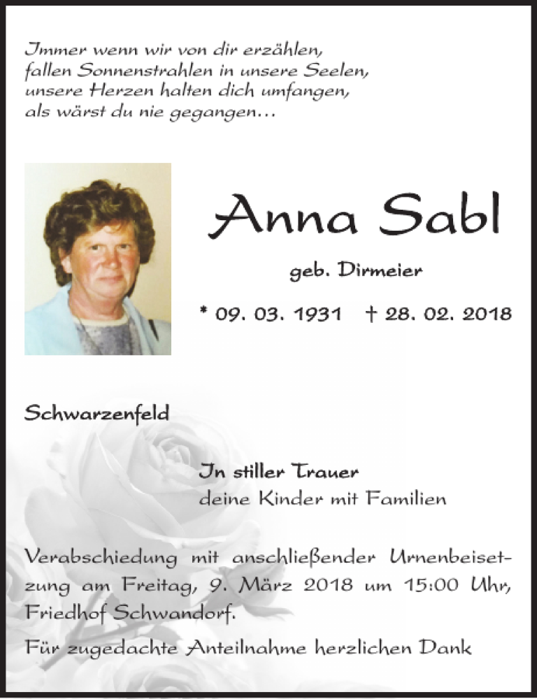  Traueranzeige für Anna Sabl vom 07.03.2018 aus Mittelbayerische Zeitung Schwandorf