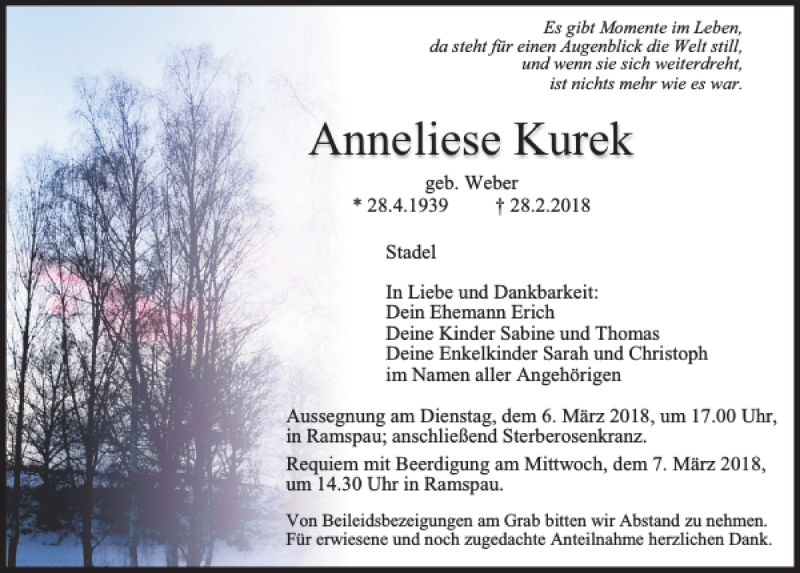  Traueranzeige für Anneliese Kurek vom 05.03.2018 aus Mittelbayerische Zeitung Regensburg