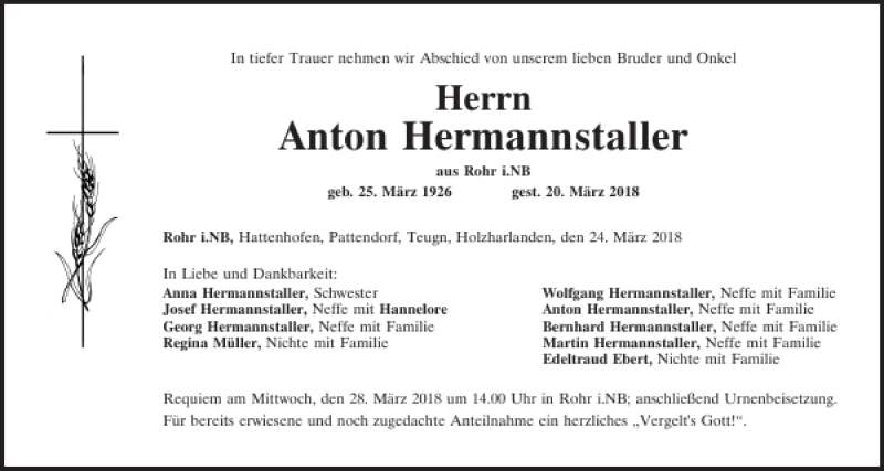  Traueranzeige für Anton Hermannstaller vom 24.03.2018 aus Mittelbayerische Zeitung Kelheim