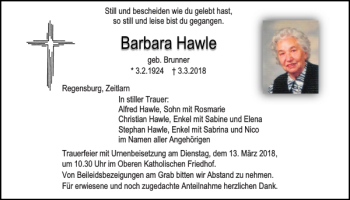 Traueranzeige von Barbara Hawle von Mittelbayerische Zeitung Regensburg