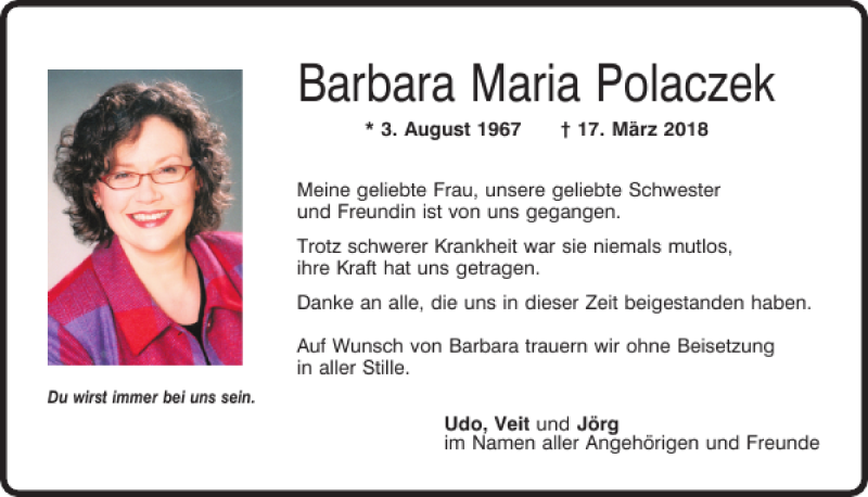  Traueranzeige für Barbara Maria Polaczek vom 24.03.2018 aus Mittelbayerische Zeitung Regensburg