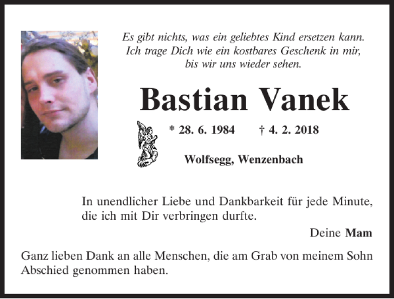  Traueranzeige für Bastian Vanek vom 17.03.2018 aus Mittelbayerische Zeitung Regensburg