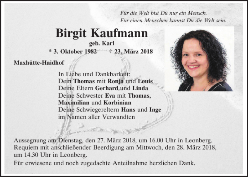  Traueranzeige für Birgit Kaufmann vom 26.03.2018 aus Mittelbayerische Zeitung Schwandorf