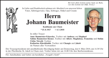 Traueranzeige von Cham Johann Baumeister von Bayerwald Echo