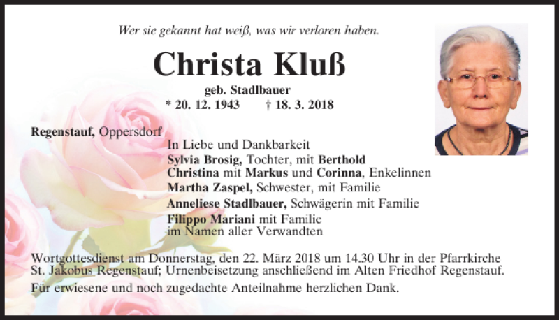  Traueranzeige für Christa Kluß vom 20.03.2018 aus Mittelbayerische Zeitung Regensburg