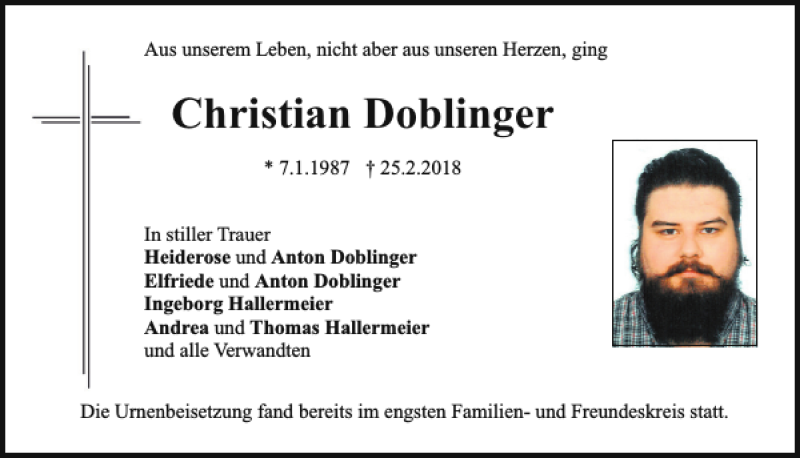  Traueranzeige für Christian Doblinger vom 09.03.2018 aus Bayerwald Echo