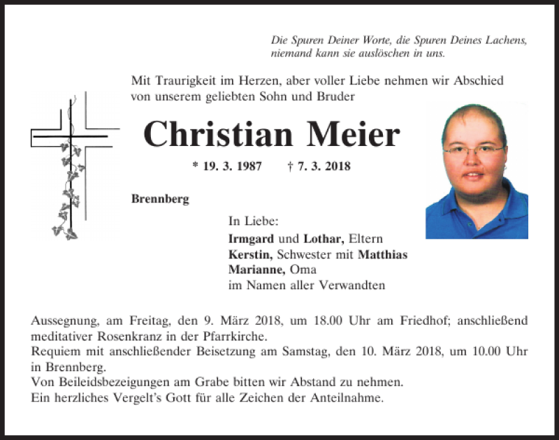  Traueranzeige für Christian Meier vom 08.03.2018 aus Mittelbayerische Zeitung Regensburg