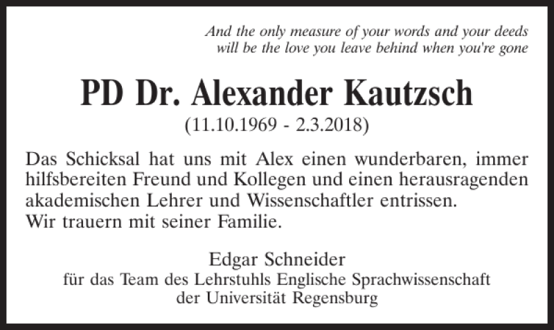  Traueranzeige für Dr. Alexander Kautzsch vom 06.03.2018 aus Mittelbayerische Zeitung Regensburg