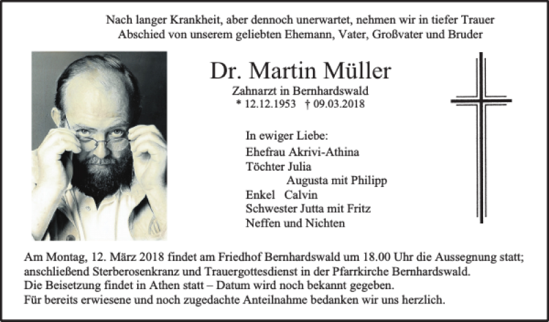  Traueranzeige für Dr. Martin Müller vom 12.03.2018 aus Mittelbayerische Zeitung Regensburg