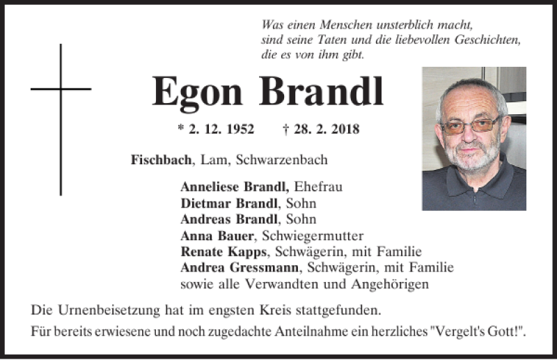  Traueranzeige für Egon Brandl vom 10.03.2018 aus Mittelbayerische Zeitung Schwandorf