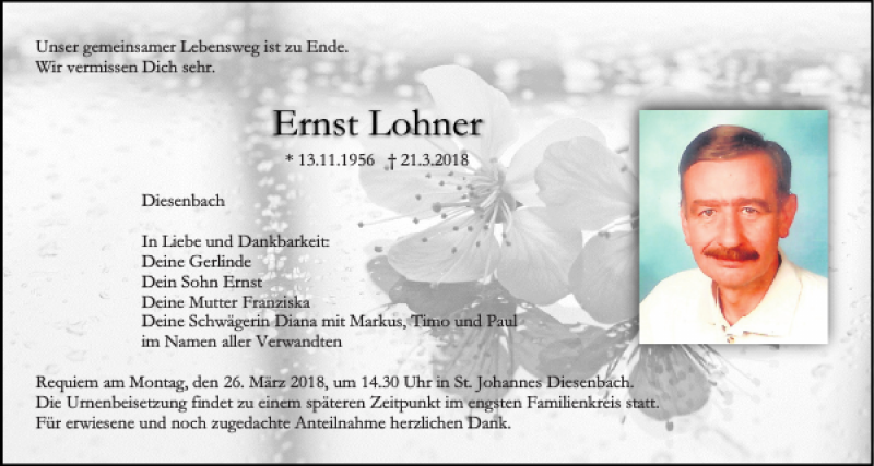  Traueranzeige für Ernst Lohner vom 23.03.2018 aus Mittelbayerische Zeitung Regensburg