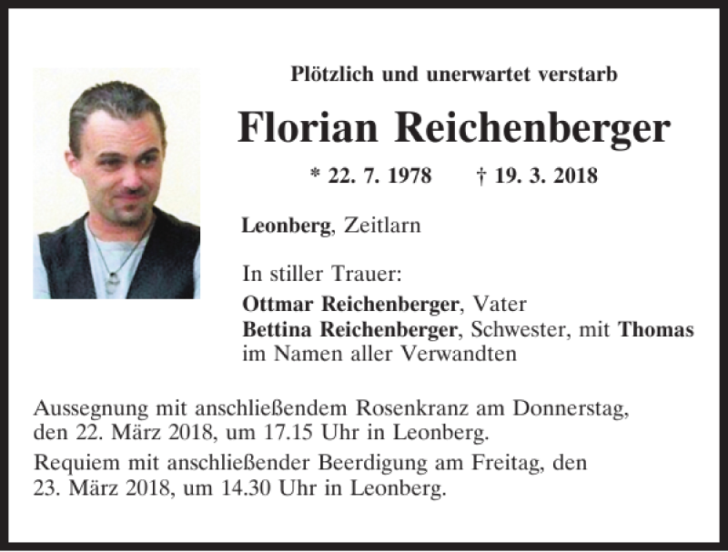  Traueranzeige für Florian Reichenberger vom 21.03.2018 aus Mittelbayerische Zeitung Schwandorf