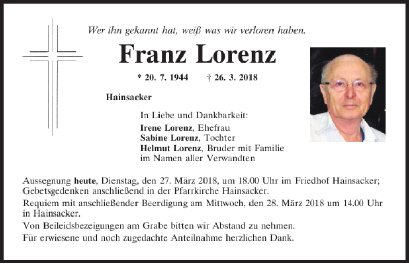  Traueranzeige für Franz Lorenz vom 27.03.2018 aus Mittelbayerische Zeitung Regensburg