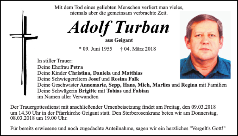  Traueranzeige für Geigant Adolf Turban vom 07.03.2018 aus Bayerwald Echo