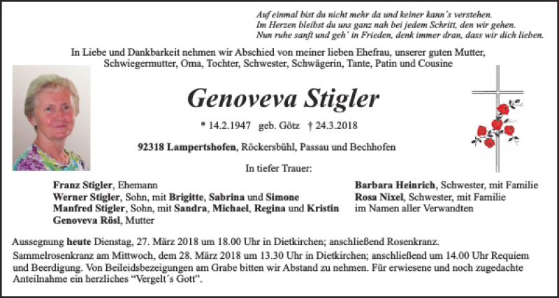  Traueranzeige für Genoveva Stigler vom 27.03.2018 aus Neumarkter Tagblatt