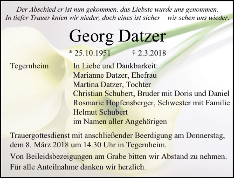  Traueranzeige für Georg Datzer vom 06.03.2018 aus Mittelbayerische Zeitung Regensburg