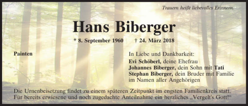  Traueranzeige für Hans Biberger vom 27.03.2018 aus Mittelbayerische Zeitung Kelheim