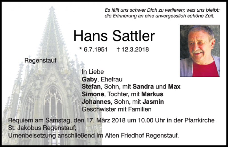  Traueranzeige für Hans Sattler vom 14.03.2018 aus Mittelbayerische Zeitung Regensburg