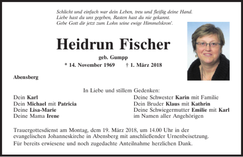  Traueranzeige für Heidrun Fischer vom 09.03.2018 aus Mittelbayerische Zeitung Kelheim