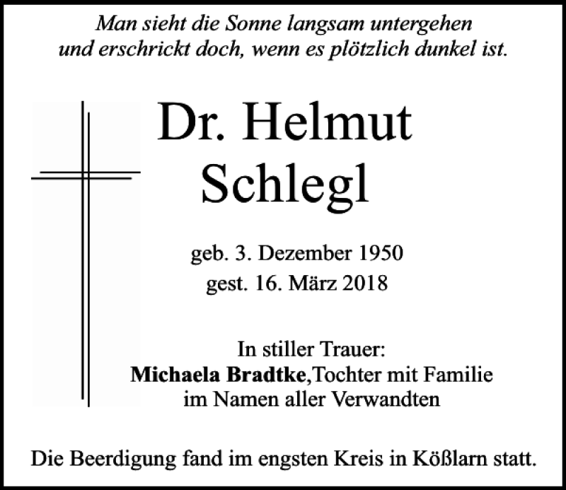  Traueranzeige für Helmut Schlegl vom 24.03.2018 aus Mittelbayerische Zeitung Regensburg