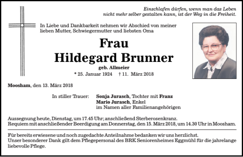  Traueranzeige für Hildegard Brunner vom 13.03.2018 aus Mittelbayerische Zeitung Regensburg